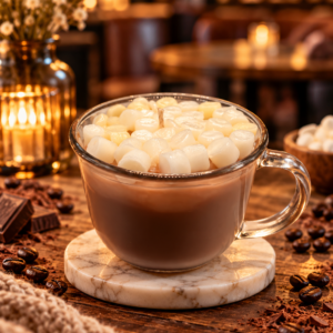 Lit Wit Hot Chocolate Candle in a glass mug with marshmallow topping styled in a warm cozy café setting.