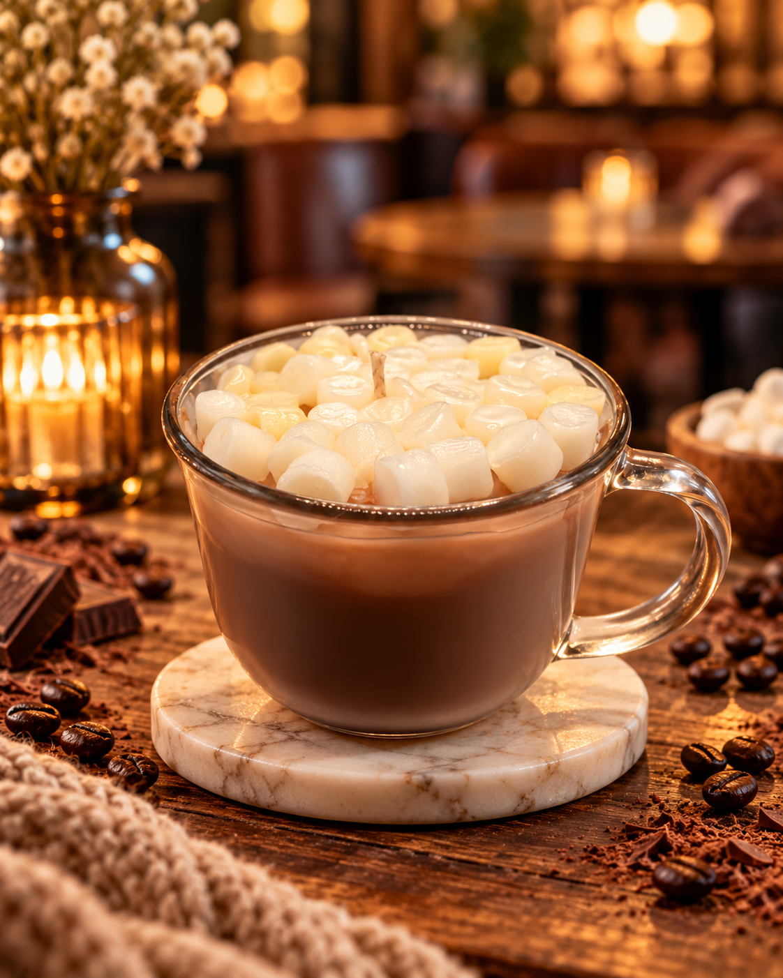 Lit Wit Hot Chocolate Candle in a glass mug with marshmallow topping styled in a warm cozy café setting.