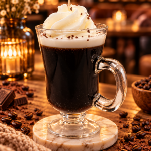 Lit Wit Irish Coffee Candle in a clear glass mug with whipped cream detailing in a warm café setting.