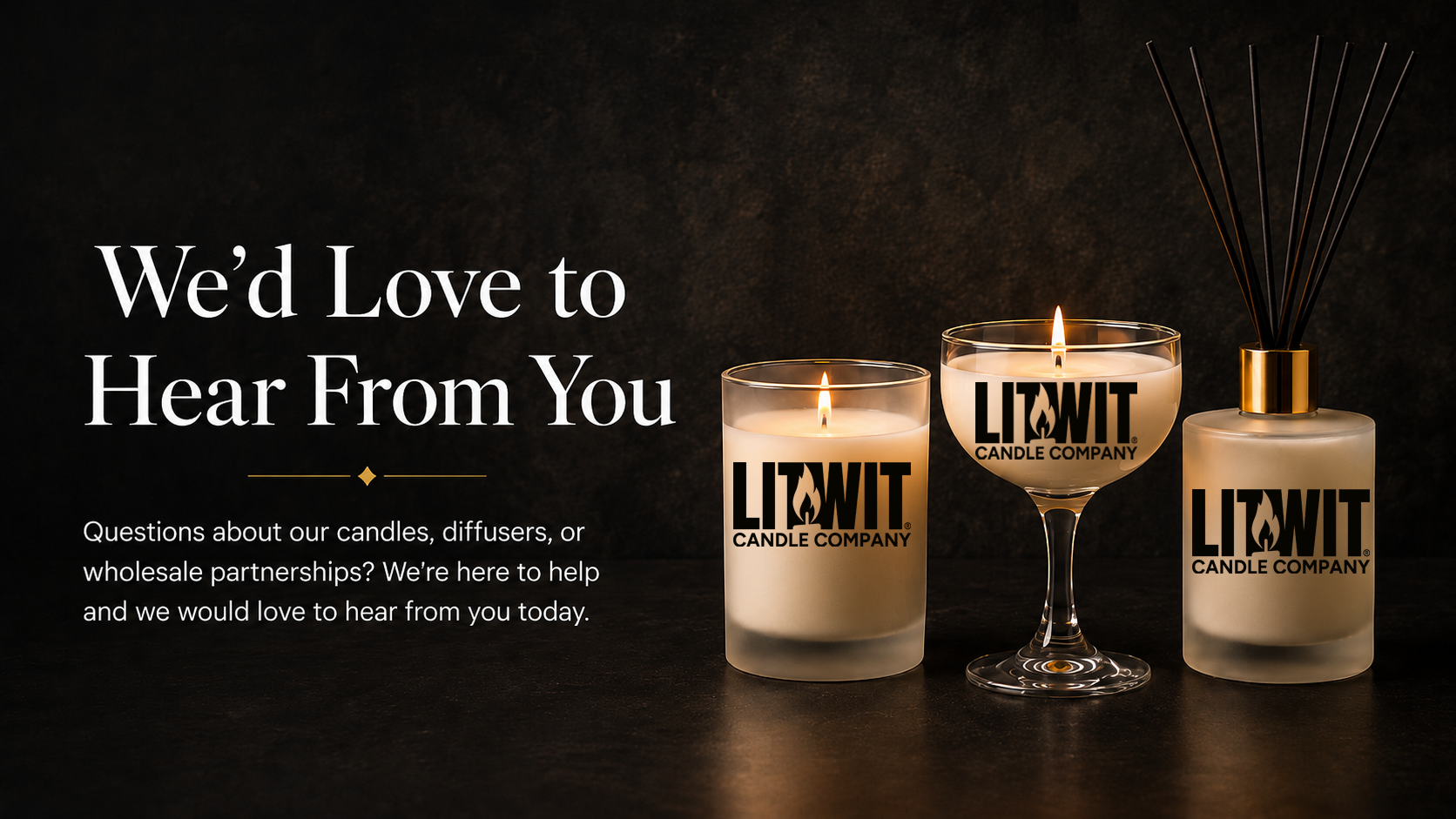 Lit Wit Candles contact page for online orders, custom gifts, wholesale candles, and reed diffuser inquiries