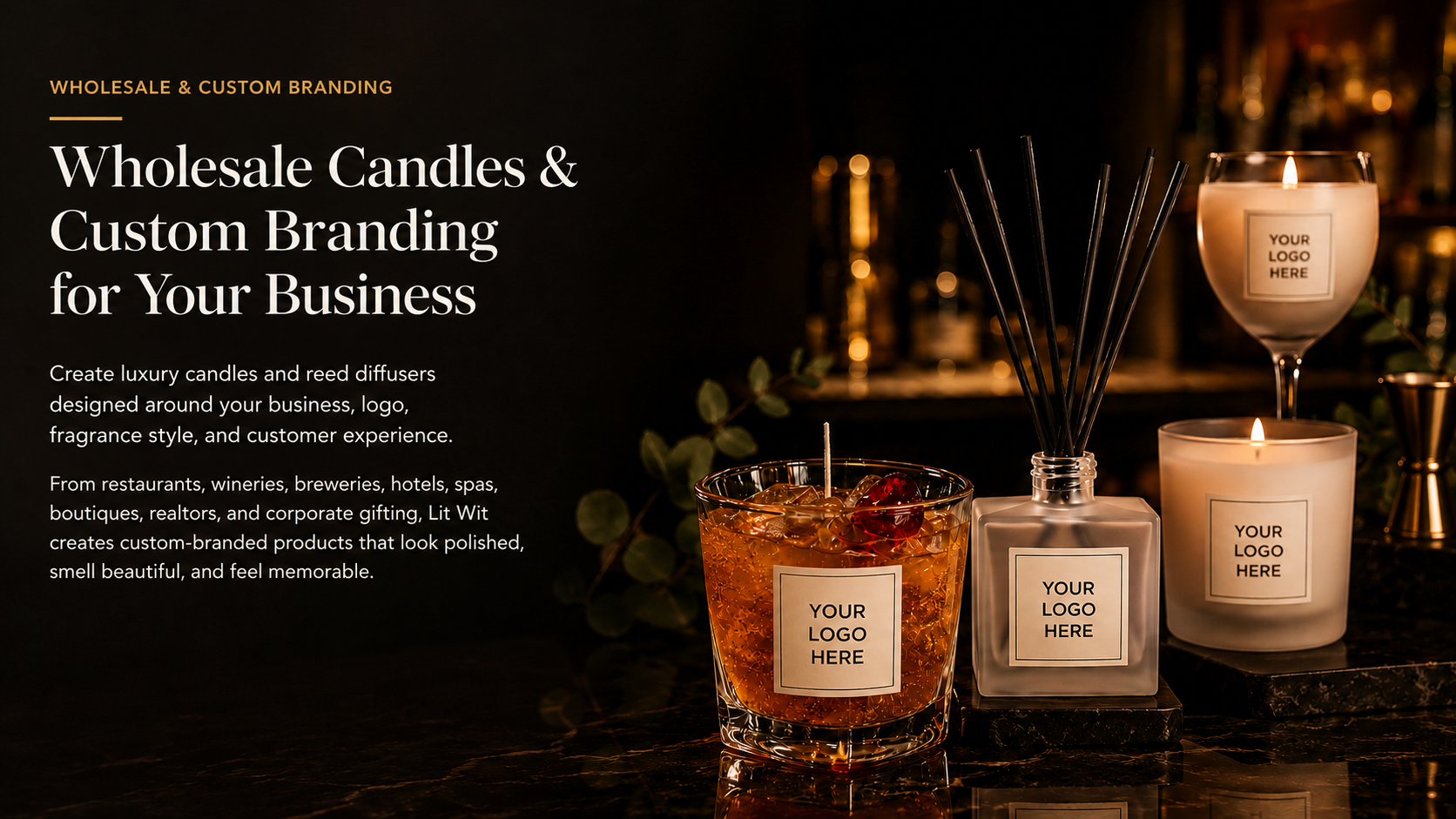 Custom branded candles and reed diffusers for wholesale, corporate gifts, events, and private label business branding