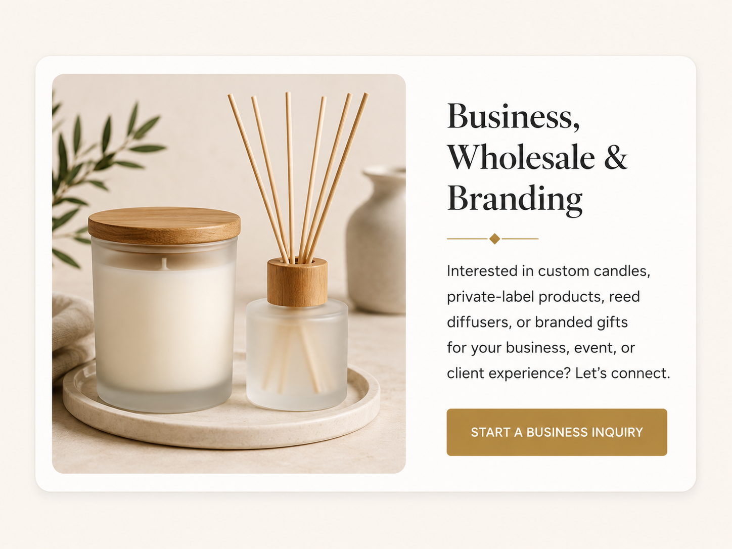 Lit Wit Candles business wholesale and branding inquiry section for custom candles and reed diffusers