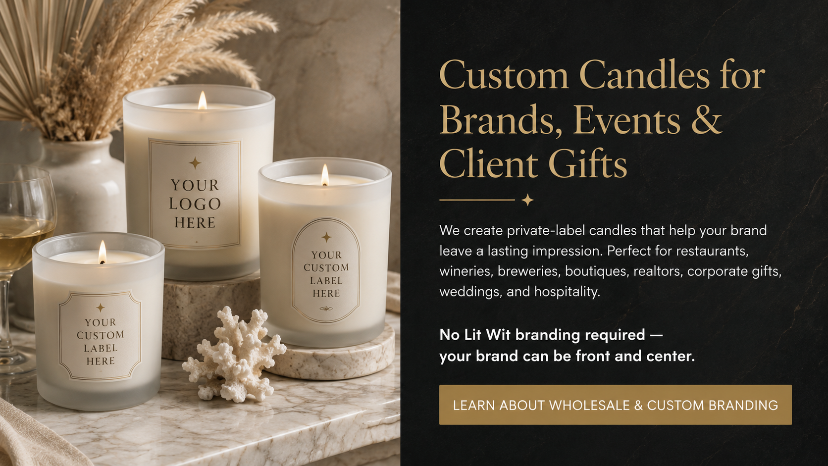 Custom branded frosted candle jars for businesses events and client gifts by Lit Wit Candles