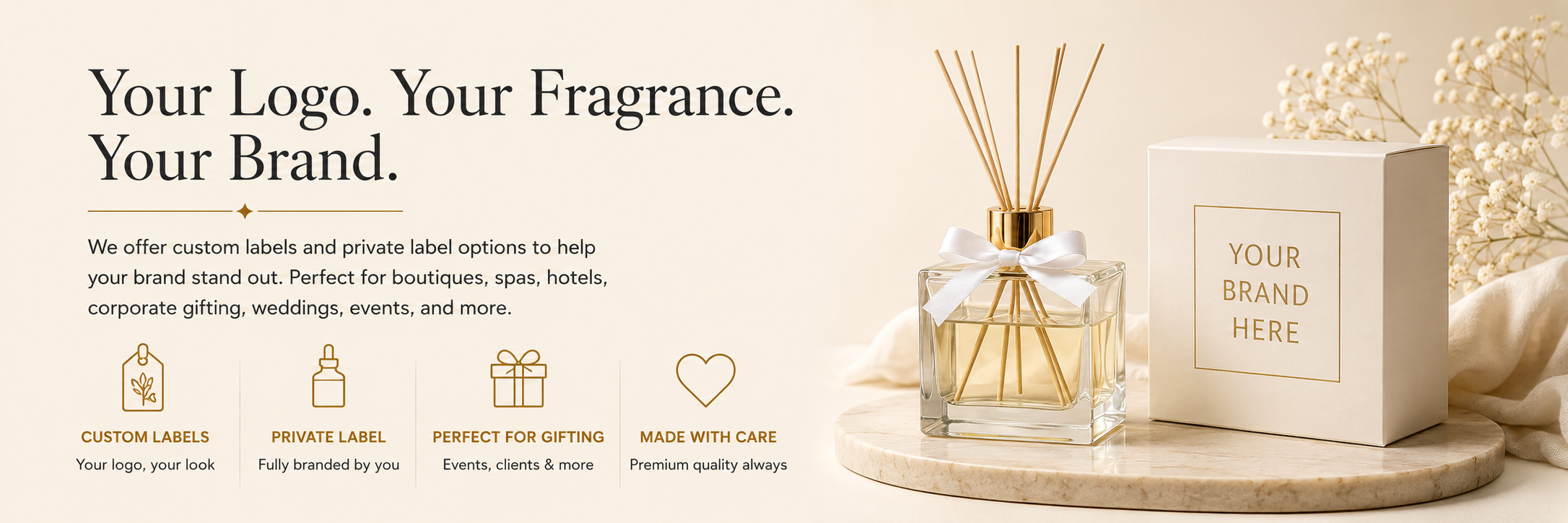 Custom branded reed diffuser with private label packaging for boutiques, spas, hotels, weddings, and corporate gifts