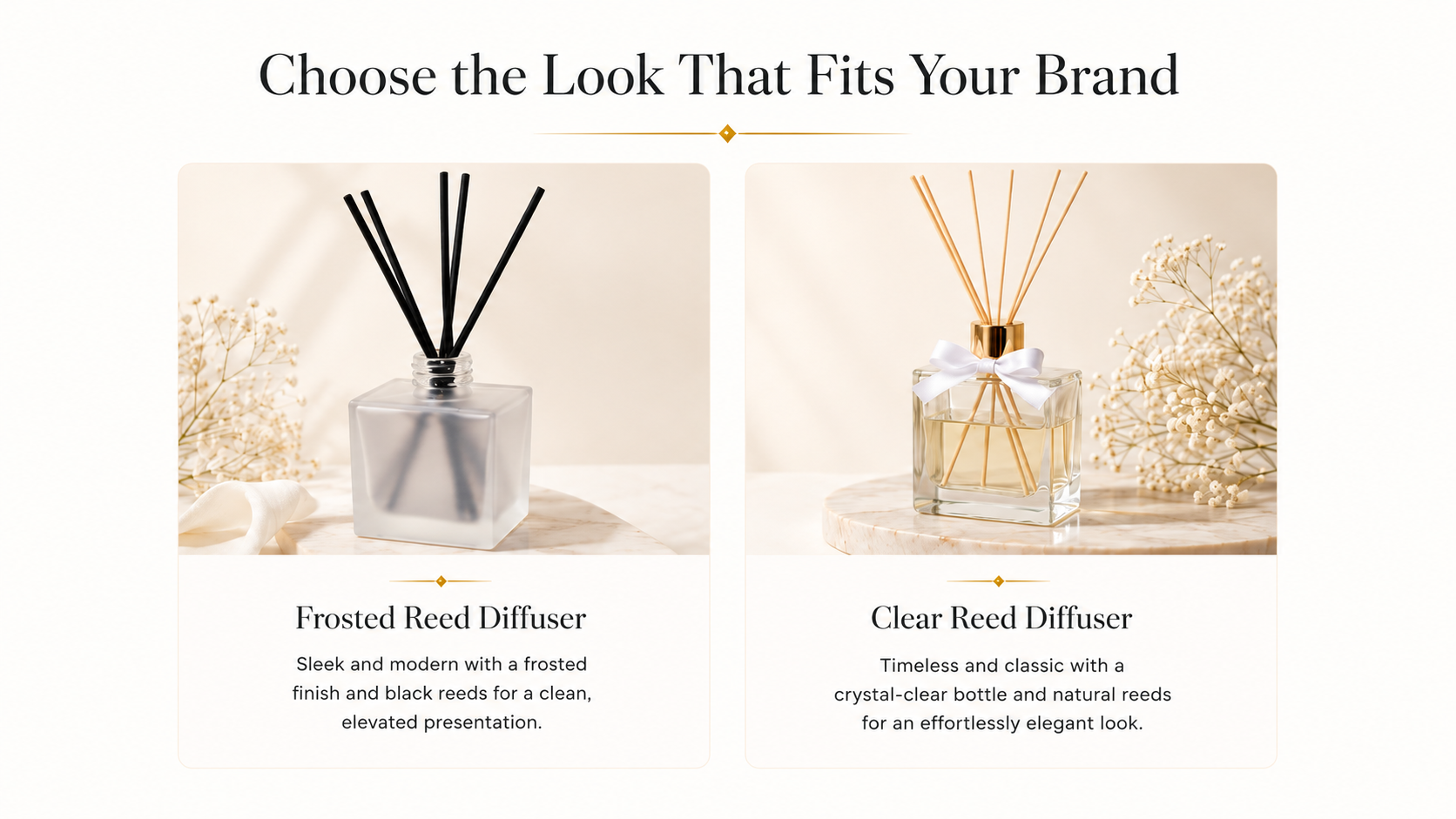 Frosted and clear reed diffuser options with black and natural reeds for custom branded home fragrance products