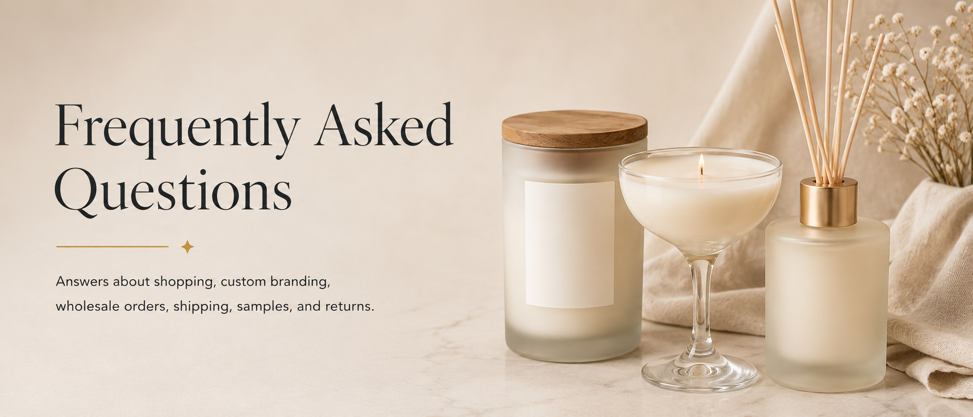 FAQ page banner for Lit Wit Candles featuring frosted candle jar, cocktail candle, and frosted reed diffuser for custom candles, wholesale branding, shipping, samples, and returns.