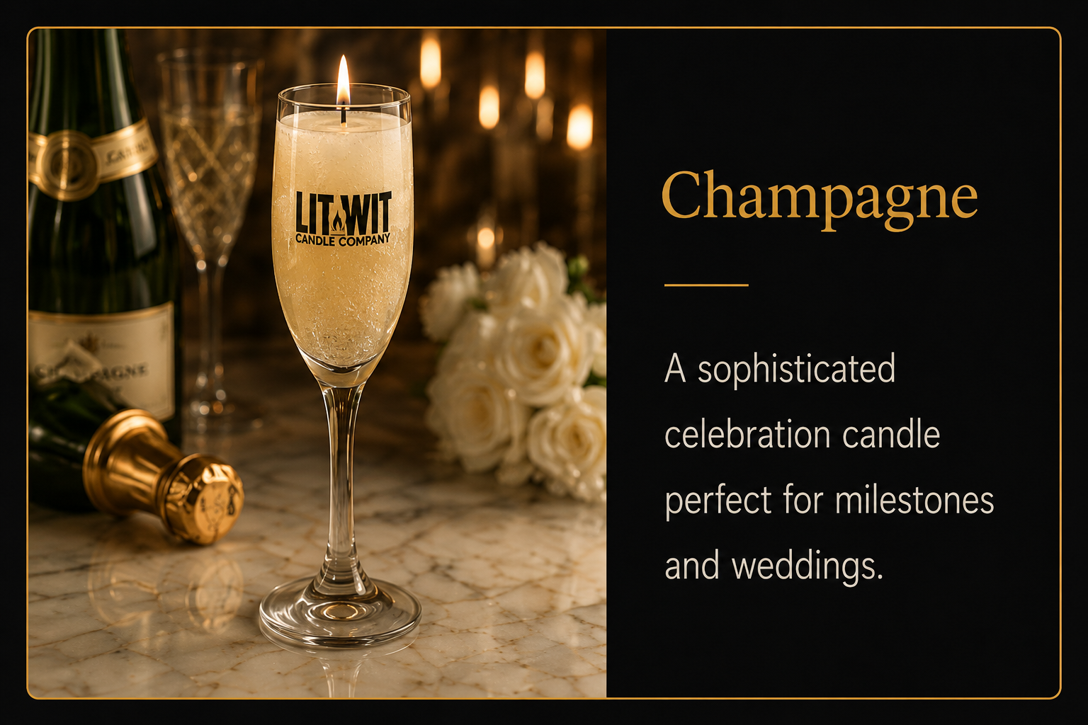 Lit Wit Candle Company champagne candle with elegant celebration design for weddings, milestones, gifts, and custom branding.