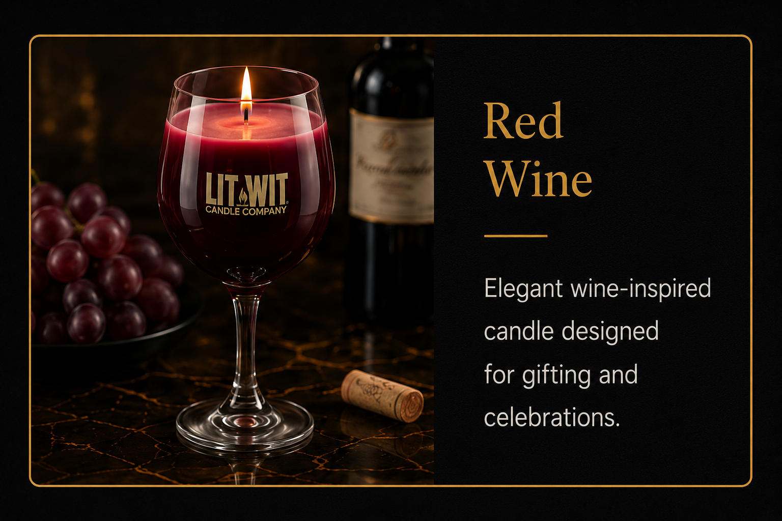 Lit Wit Candle Company red wine candle with wine-inspired wax, grape styling, and elegant gift presentation.