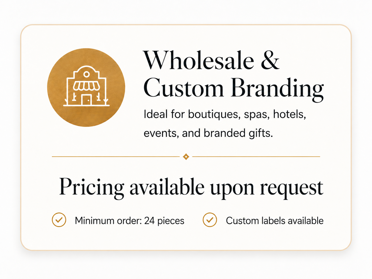 Wholesale and custom branded reed diffuser pricing card with minimum order of 24 pieces and custom labels available
