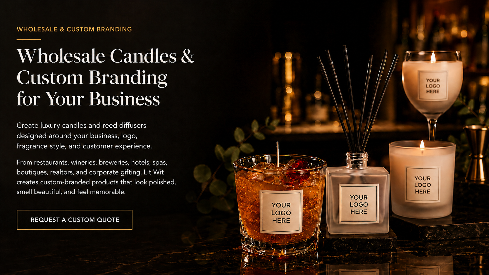 Custom branded candles and reed diffusers for wholesale, corporate gifts, events, and private label business branding