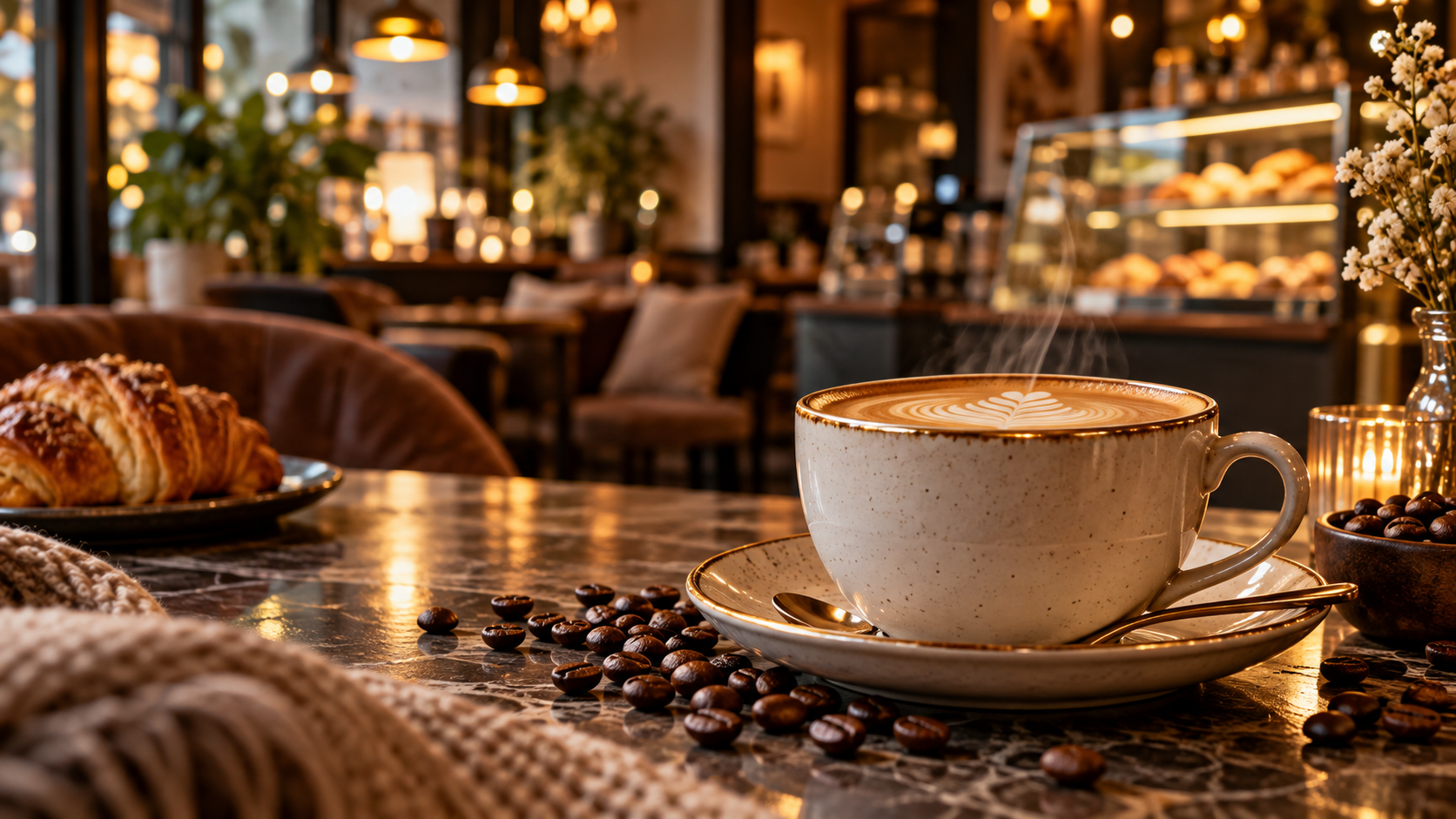 Warm coffeehouse setting with a latte, coffee beans and pastries for the Lit Wit Café Collection.