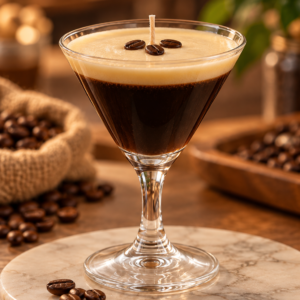 Lit Wit espresso martini candle in a martini glass topped with three coffee beans.