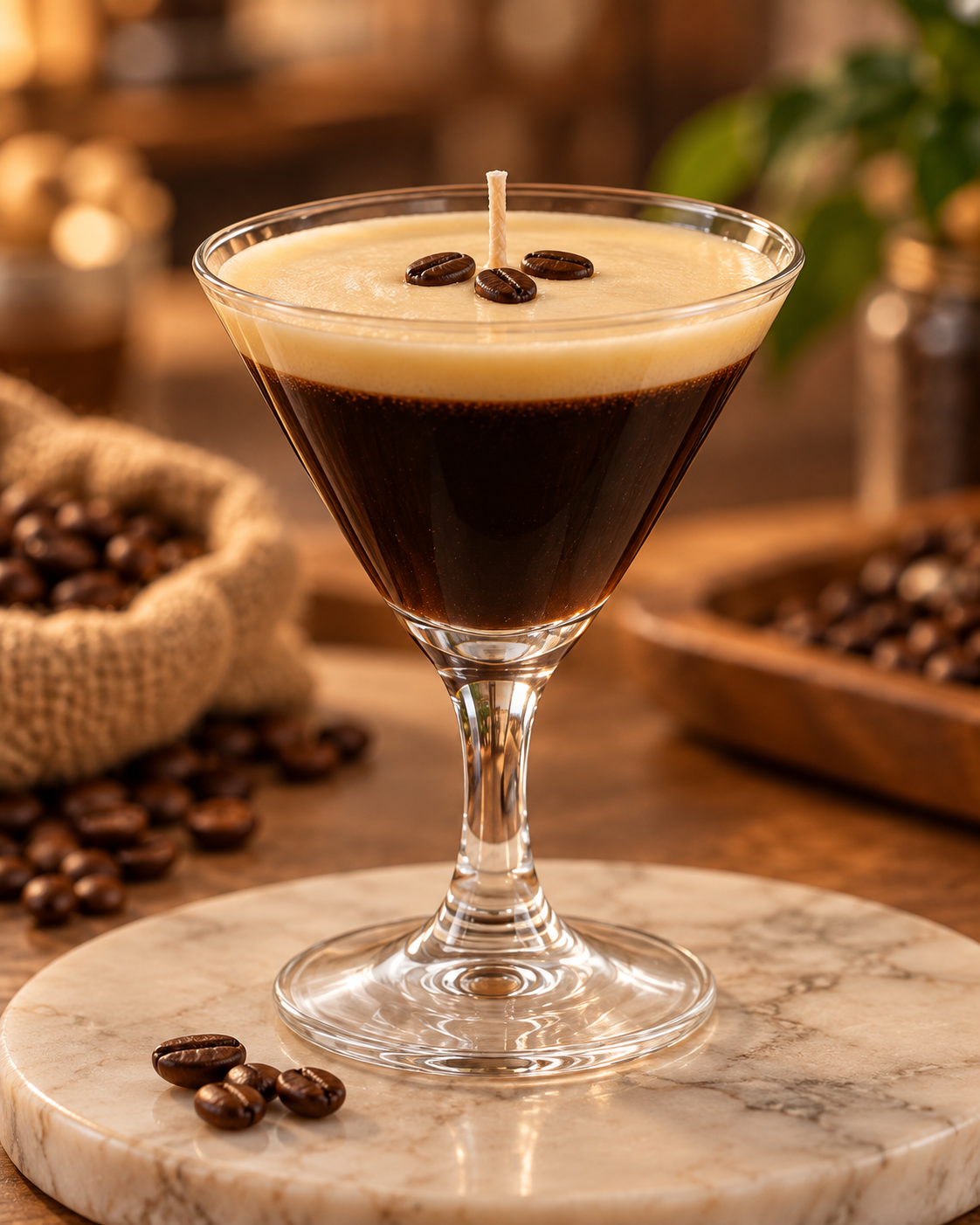 Lit Wit espresso martini candle in a martini glass topped with three coffee beans.