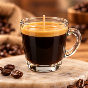 Lit Wit espresso shot candle in a small clear glass cup with rich espresso-inspired wax.