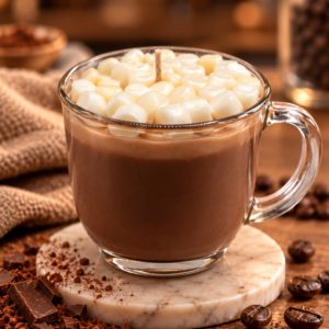 Lit Wit hot chocolate candle in a glass mug topped with marshmallows.