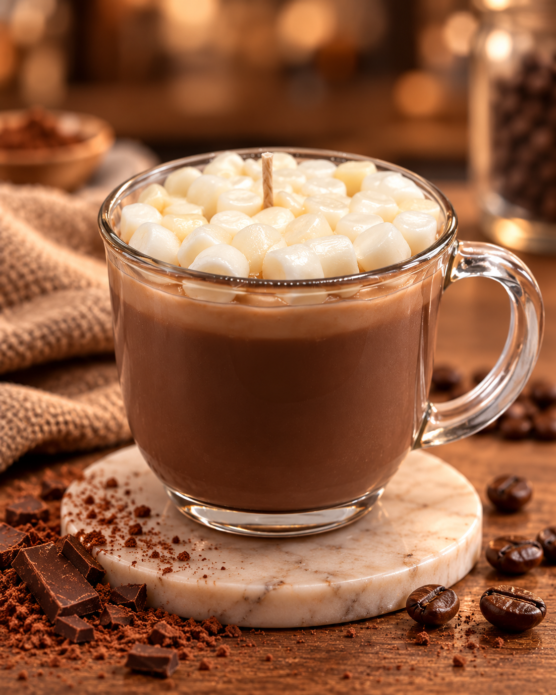 Lit Wit hot chocolate candle in a glass mug topped with marshmallows.