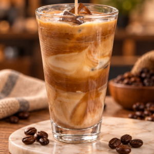 Lit Wit iced coffee candle in a tall glass with creamy swirled coffee layers.