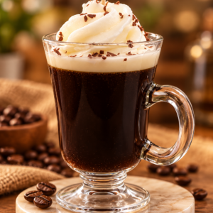 Lit Wit Irish coffee candle in a clear glass mug with whipped cream topping.