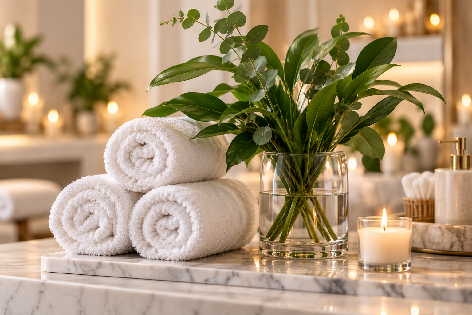 Luxury spa towels, greenery and candlelight for spas and salons