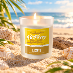 Tropicool soy candle in frosted glass jar on a tropical beach with coconut oil cocoa butter and banana fragrance